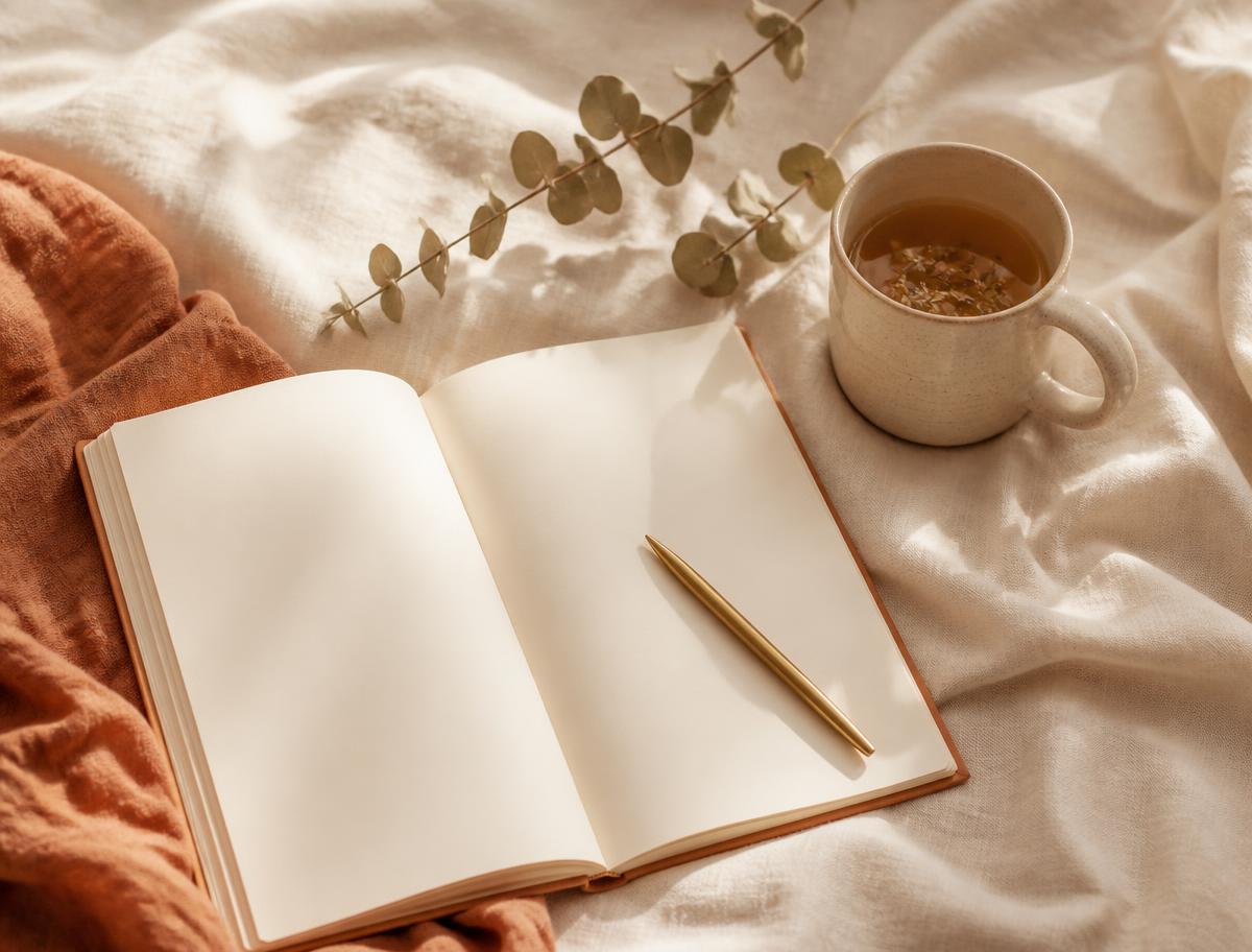 Open journal, pen, and herbal tea resting on soft linen