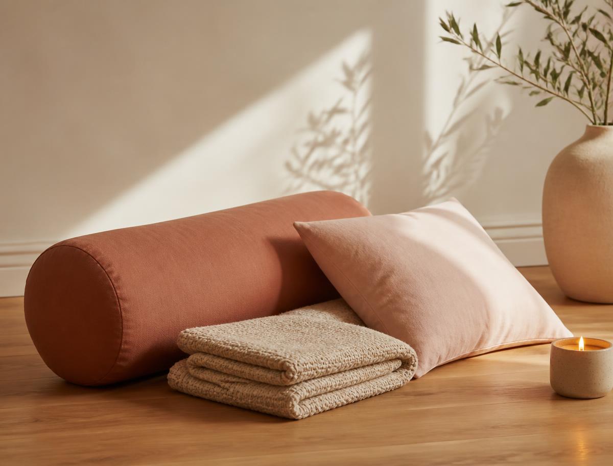 Restorative yoga bolster, blanket, and blush cushion in warm sunlight